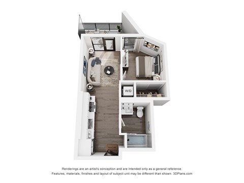 Floor plan for 1 bed, 1 bath, 524 sqft